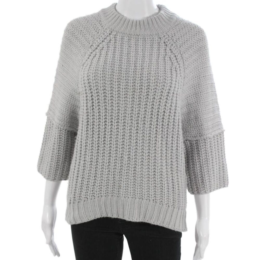 JOA Los Angeles Women Pullover Sweater Gray Mock Neck 3/4 Sleeve Acrylic Size L